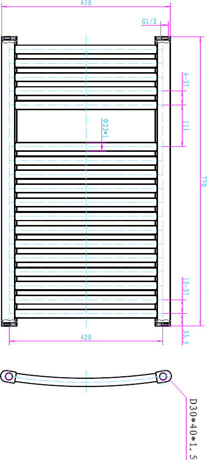 Towel rail technical drawing 450/770mm eco curved models