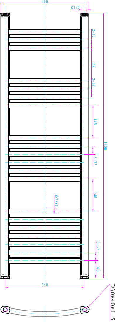Towel rail technical drawing 400/1200mm eco curved models