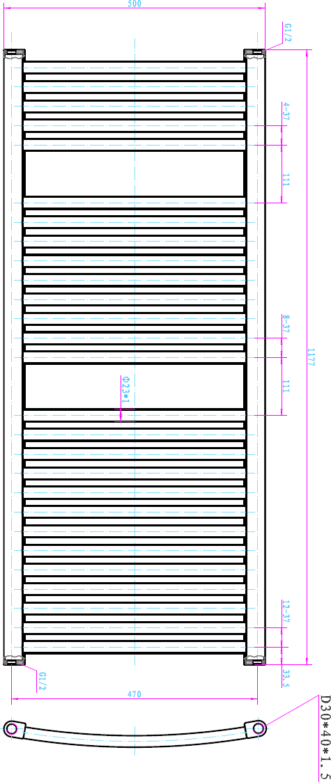 Towel rail technical drawing 500/1177mm eco curved models