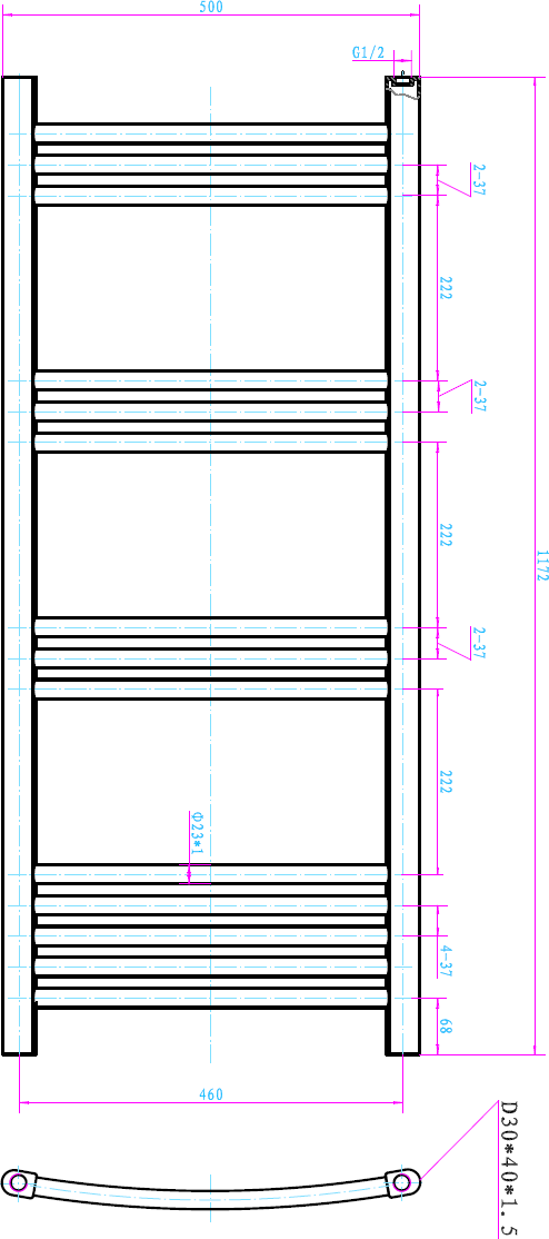 Towel rail technical drawing 500/1172mm eco curved models