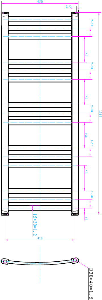 Towel rail technical drawing saga 450/1180mm models