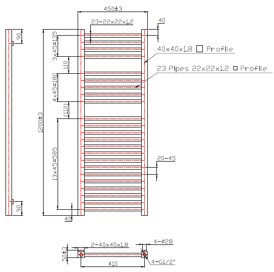 SAHLA 450/1200mm Designer towel radiator technical drawing