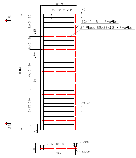SAHLA 500/1600mm Designer towel radiator technical drawing