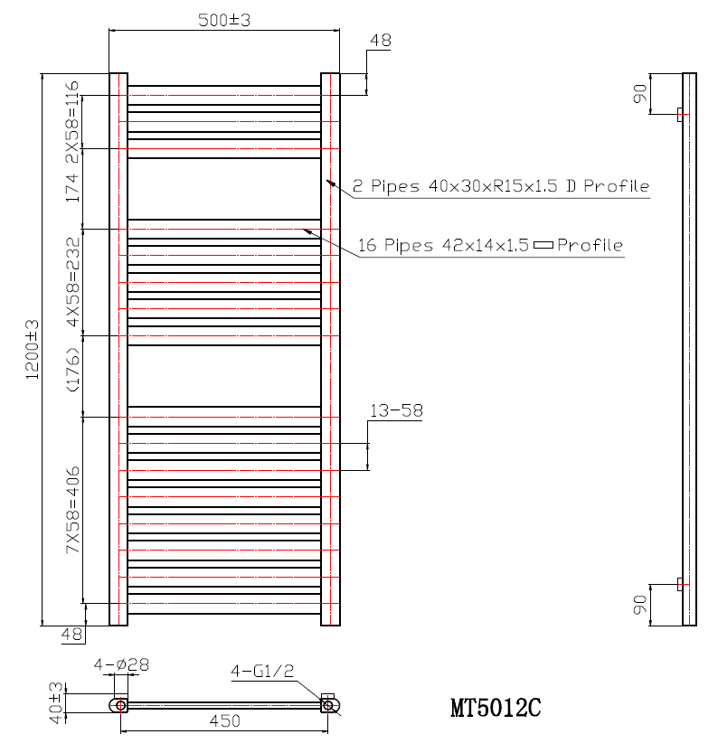 MEOT 500/1200mm Designer towel radiator technical drawing