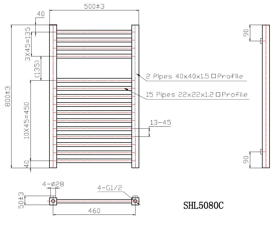 SAHLA 500/800mm Designer towel radiator technical drawing