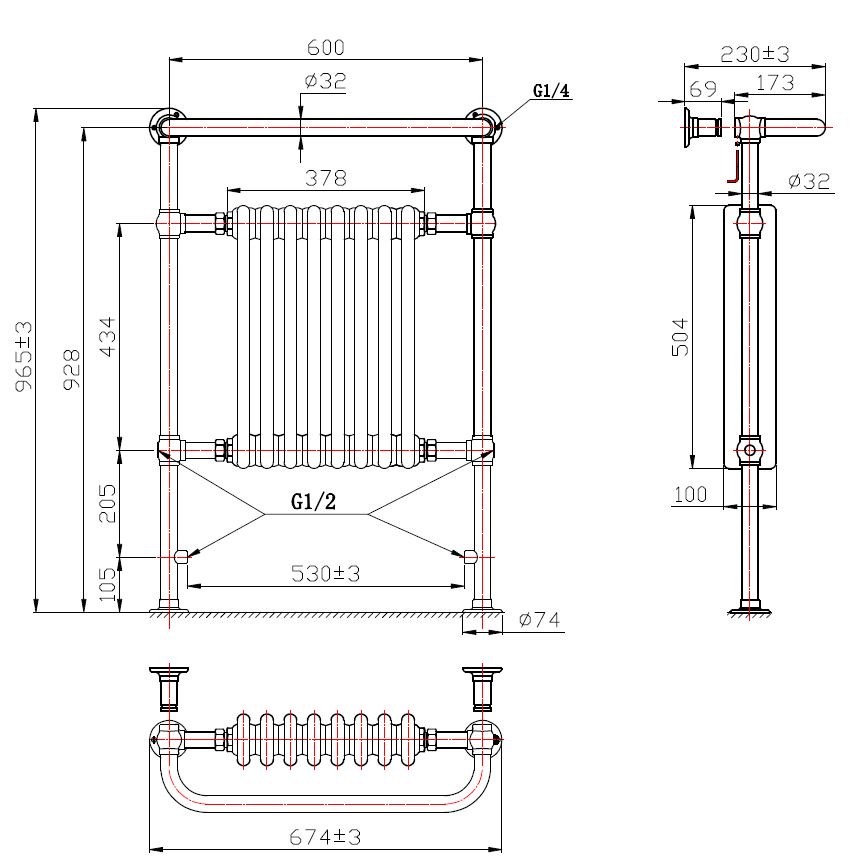 AMALIA 675/952mm traditional towel radiator technical drawing