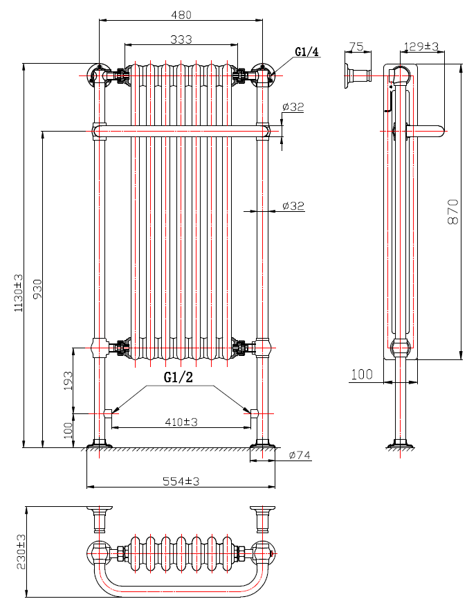 BELLOZA 554/1130mm traditional towel radiator technical drawing