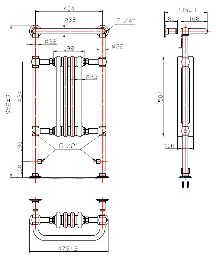 FIORA 479/952mm traditional towel radiator technical drawing