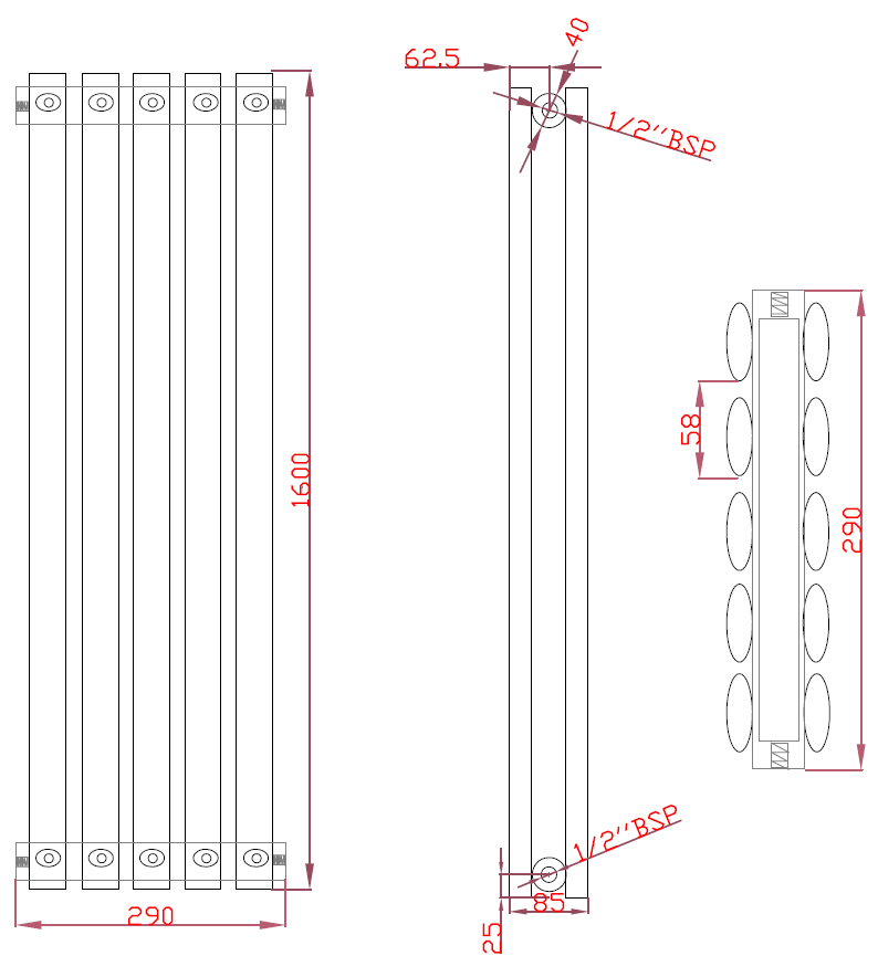 OLIVER 290/1600mm designer radiator technical drawing