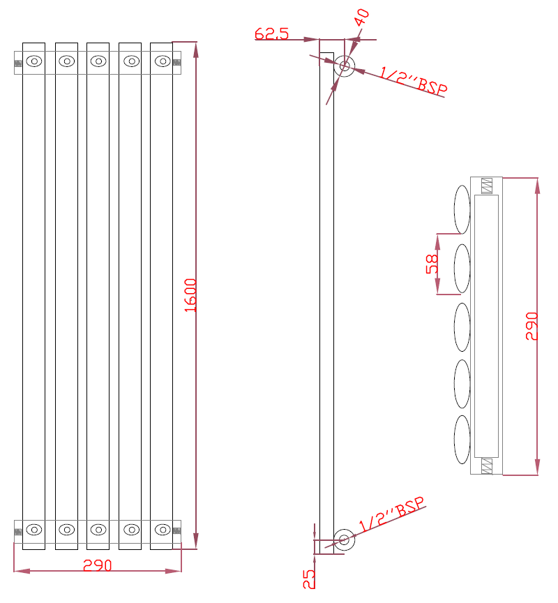 OLIVER 290/1600mm designer radiator technical drawing