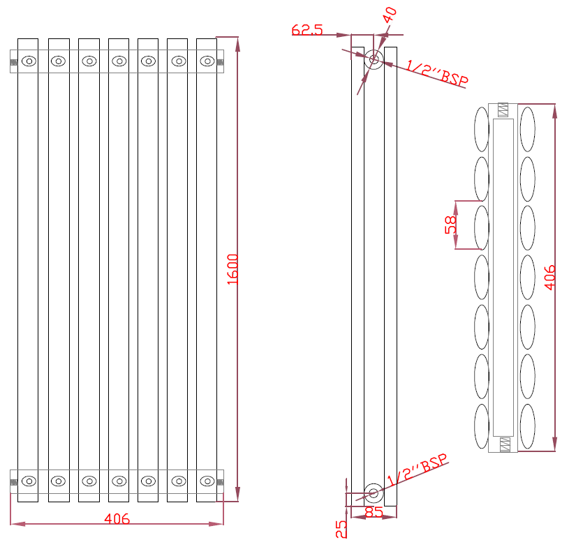 OLIVER 406/1600mm designer radiator technical drawing