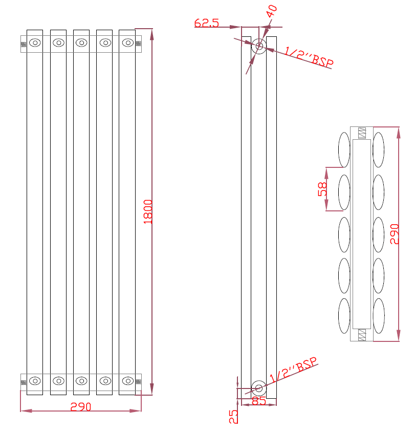 OLIVER 290/1800mm designer radiator technical drawing