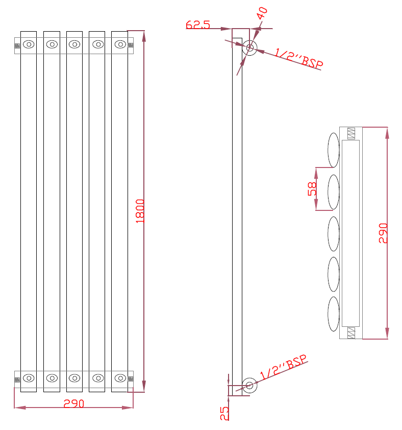 OLIVER 290/1800mm designer radiator technical drawing