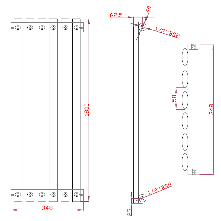 OLIVER 348/1800mm designer radiator technical drawing