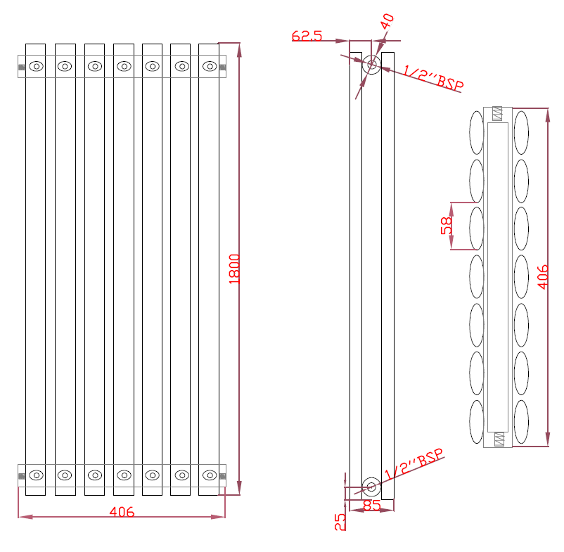 OLIVER 406/1800mm designer radiator technical drawing