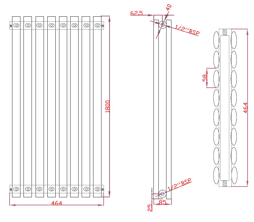 OLIVER 464/1800mm designer radiator technical drawing