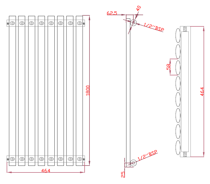 OLIVER 464/1800mm designer radiator technical drawing