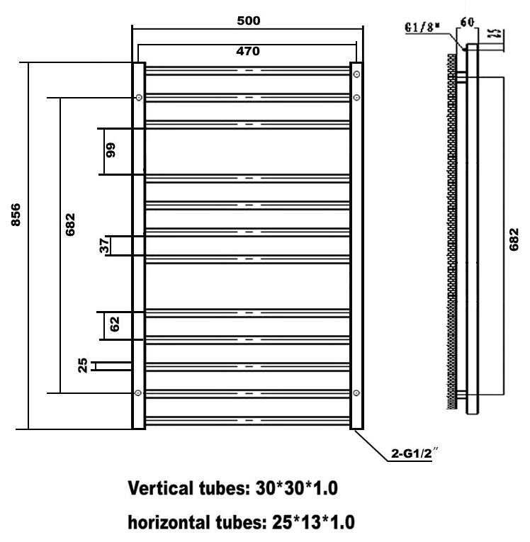 LEO 500/856mm stainless steel towel heated towel rail technical drawing