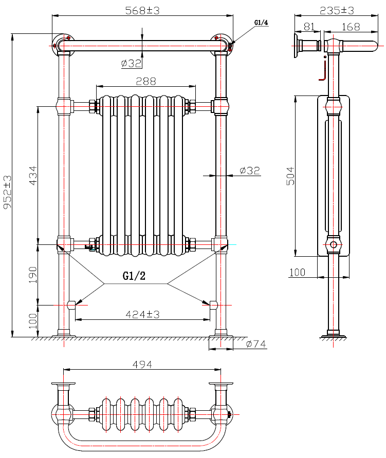 VITTORIA 568/952mm traditional towel radiator technical drawing