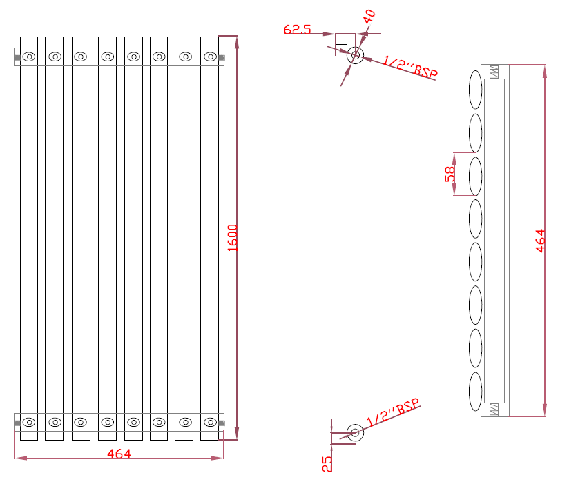 OLIVER 464/1600mm designer radiator technical drawing