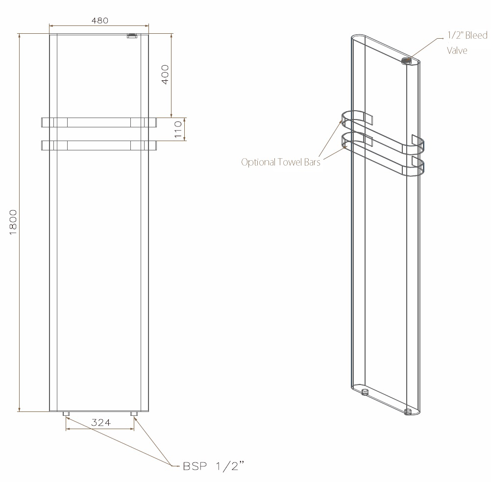 CARLITA 485/1800mm designer towel radiator technical drawing