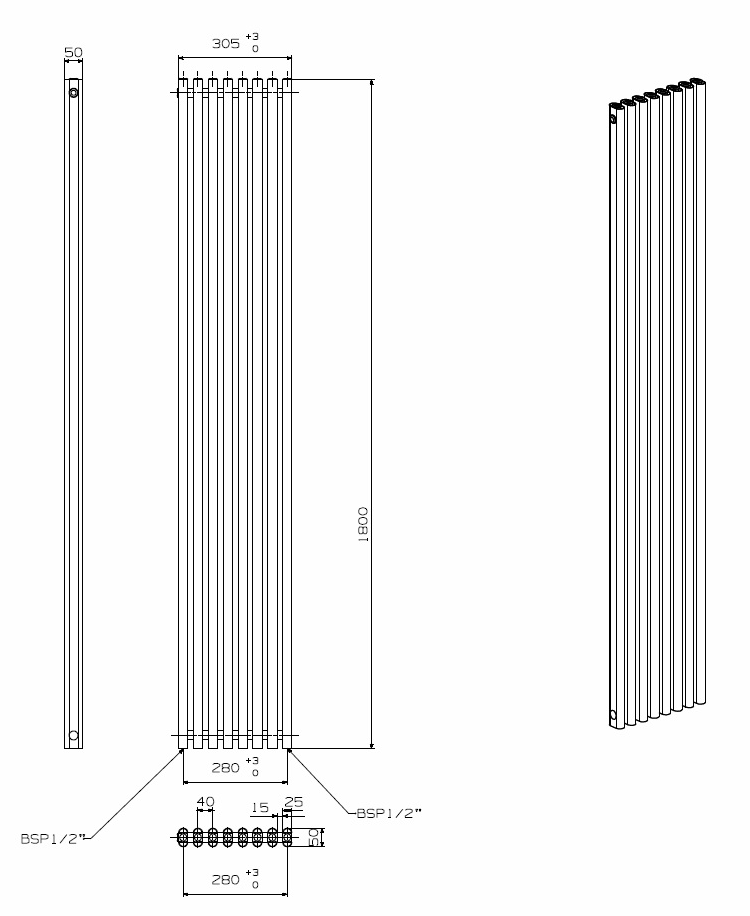 LOLA 305/1800mm designer towel radiator technical drawing