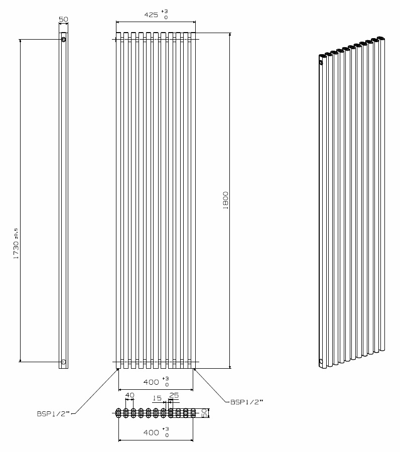 LOLA 425/1800mm designer towel radiator technical drawing