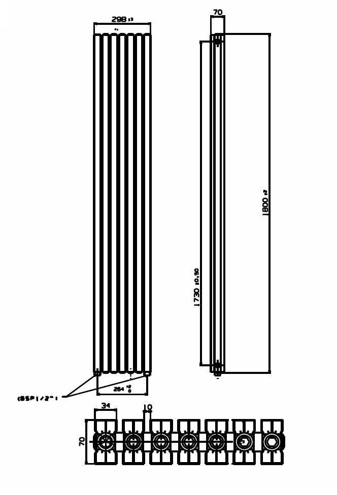 LUISA 298/1800mm designer towel radiator technical drawing