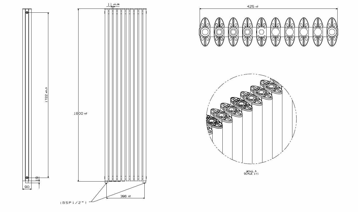 ORLANDA 425/1800mm designer towel radiator technical drawing