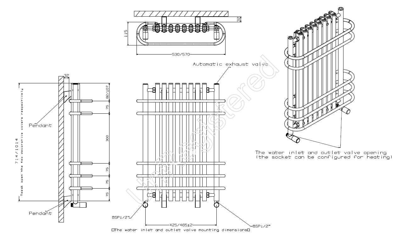 LADONNA 570/1000mm designer towel radiator technical drawing