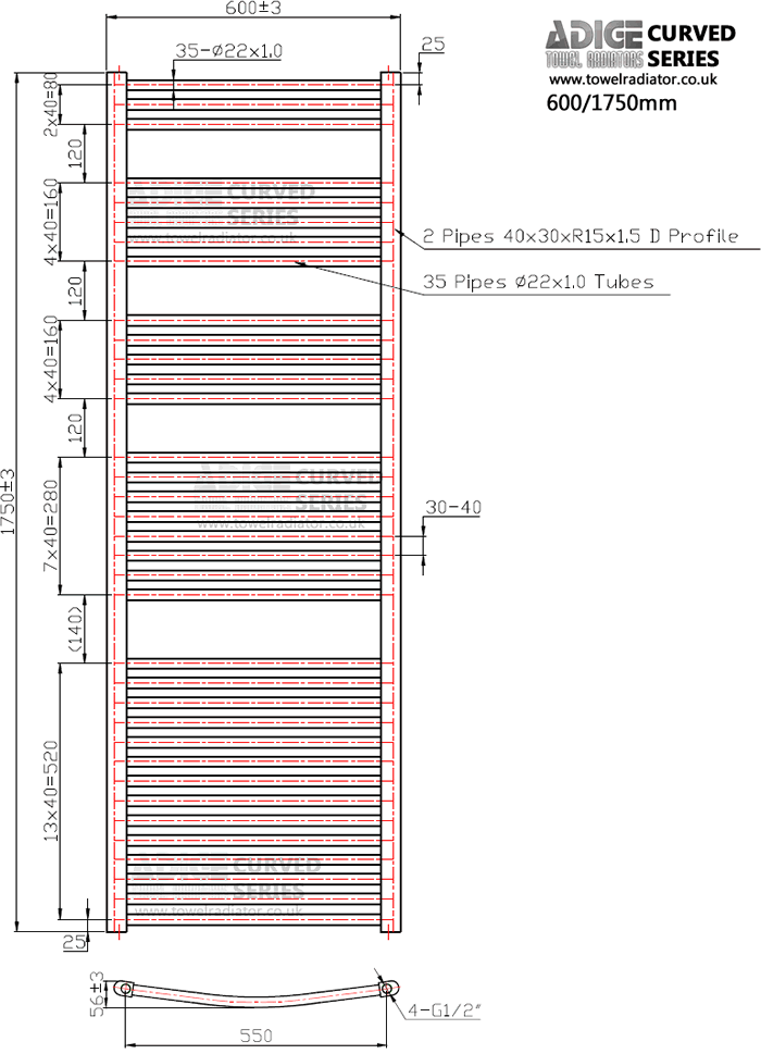Towel rail technical drawing 600/1750mm curved models