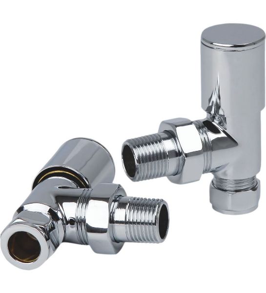 Picture of Chrome ANGLED Radiator Valves (Pair) - 15mm x 1/2inch | Roundhead & Modern