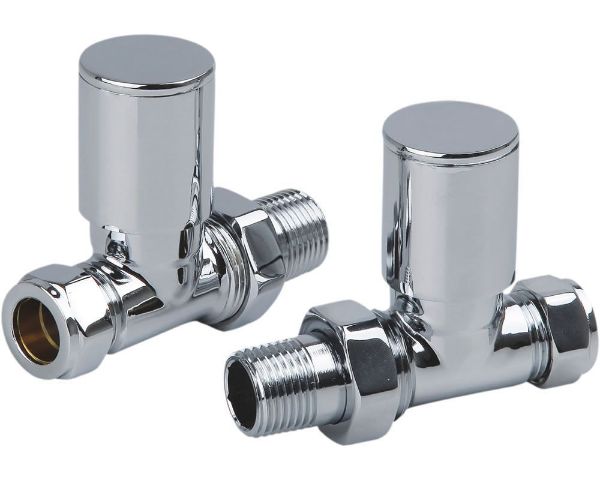 Picture of Chrome STRAIGHT Radiator Valves (Pair) - 15mm x 1/2inch | Roundhead & Modern