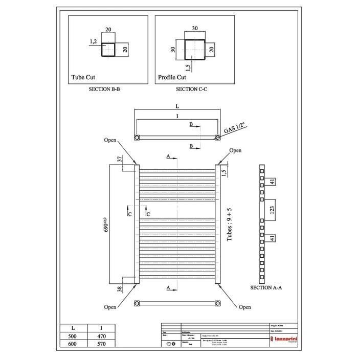 TODY 500mm Wide 1120mm High Square Tube Anthracite Designer Towel Rail